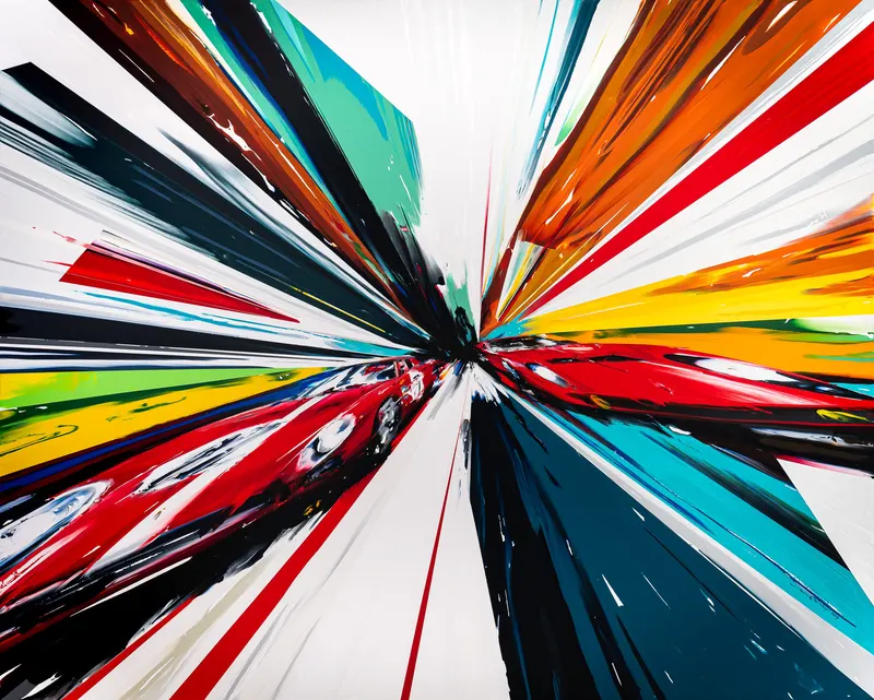 강민석 Minseok Kang, Endless Force XXXV (2023) — 폭발적인 색과 선 속에 왜곡·해체된 자동차, Acrylic on Canvas