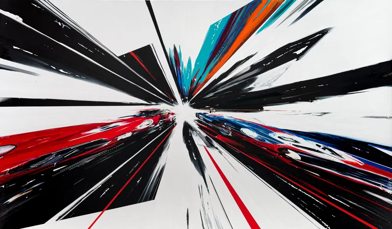 강민석 Minseok Kang, Endless Force XXXVI (2023) — 폭발적인 색과 선 속에 왜곡·해체된 자동차, Acrylic on Canvas