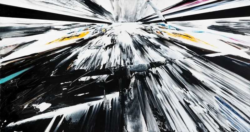 강민석 Minseok Kang, Endless Force XXXVIII (2024) — 폭발적인 색과 선 속에 왜곡·해체된 자동차, Acrylic on Canvas
