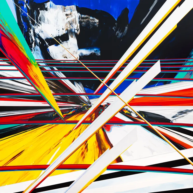강민석 Minseok Kang, Endless Impact D09 (2025) — 물감을 긁고 밀어낸 흔적과 왜곡된 자동차 형상, Acrylic on Canvas