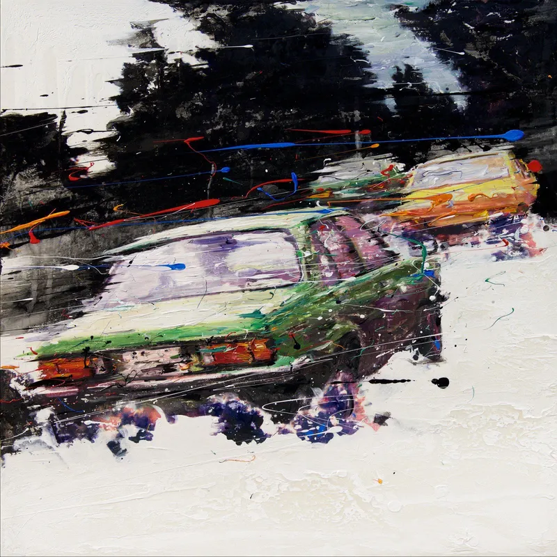 강민석 Minseok Kang, Energy NO.7 (2015) — 빠른 붓질과 두꺼운 물감 층 위를 달리는 자동차, Mixed Media