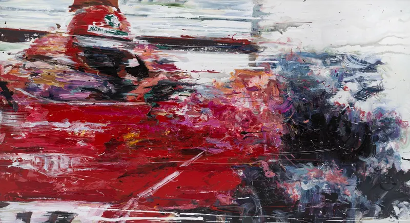 강민석 Minseok Kang, Energy NO.9 (2017) — 빠른 붓질과 두꺼운 물감 층 위를 달리는 자동차, Acrylic on Canvas