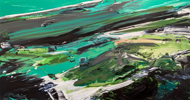 강민석 Minseok Kang, Paint Desert #01 (2023) — 스퀴지로 밀어 세운 초록 사막과 작은 자동차, Acrylic on Canvas