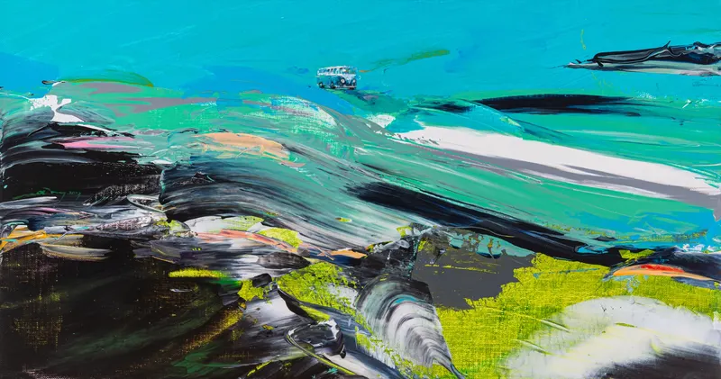 강민석 Minseok Kang, Paint Desert #02 (2023) — 스퀴지로 밀어 세운 초록 사막과 작은 자동차, Acrylic on Canvas
