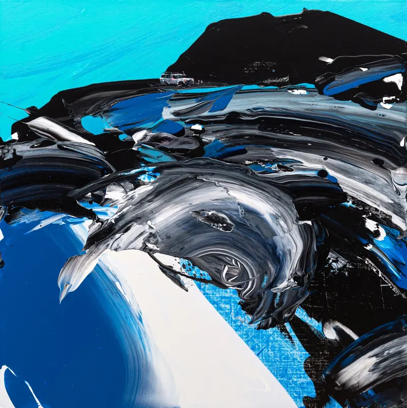 강민석 Minseok Kang, Paint Desert #03 (2023) — 스퀴지로 밀어 세운 초록 사막과 작은 자동차, Acrylic on Canvas