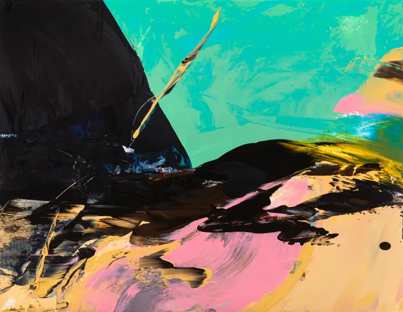강민석 Minseok Kang, Paint Desert #04 (2023) — 스퀴지로 밀어 세운 초록 사막과 작은 자동차, Acrylic on Canvas