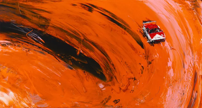 강민석 Minseok Kang, Paint Desert #06 (2023) — 스퀴지로 밀어 세운 초록 사막과 작은 자동차, Acrylic on Canvas