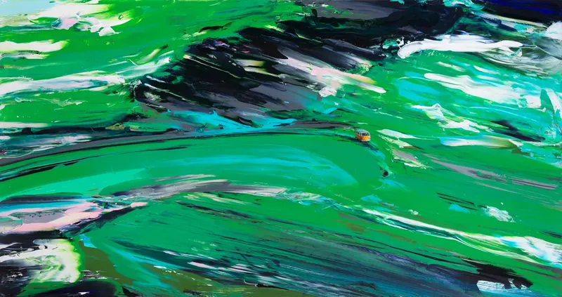 강민석 Minseok Kang, Paint Desert #07 (2023) — 스퀴지로 밀어 세운 초록 사막과 작은 자동차, Acrylic on Canvas