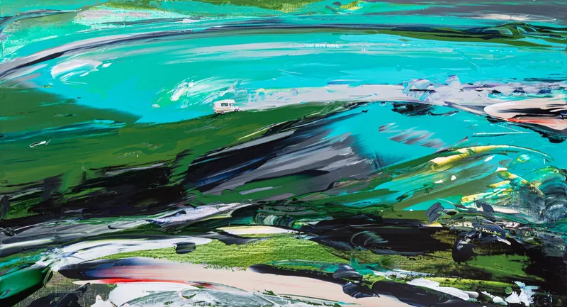 강민석 Minseok Kang, Paint Desert #08 (2024) — 스퀴지로 밀어 세운 초록 사막과 작은 자동차, Acrylic on Canvas