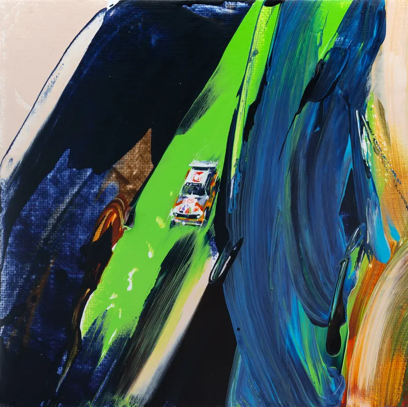 강민석 Minseok Kang, Paint Desert #09 (2024) — 스퀴지로 밀어 세운 초록 사막과 작은 자동차, Acrylic on Canvas