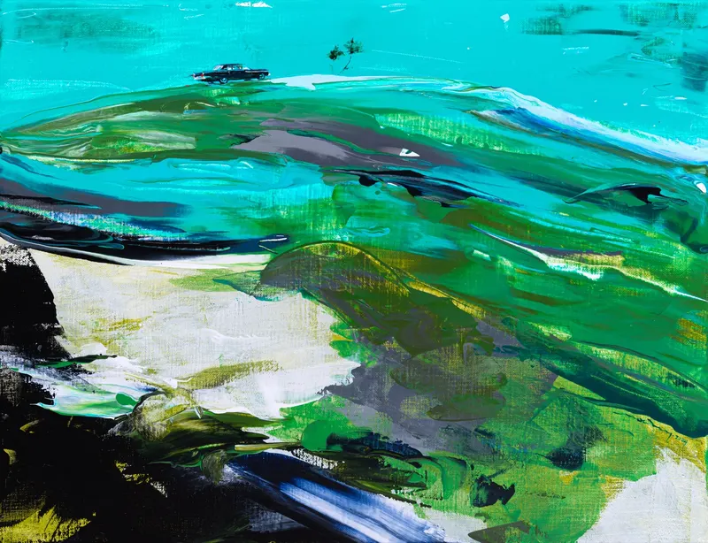 강민석 Minseok Kang, Paint Desert #10 (2024) — 스퀴지로 밀어 세운 초록 사막과 작은 자동차, Acrylic on Canvas