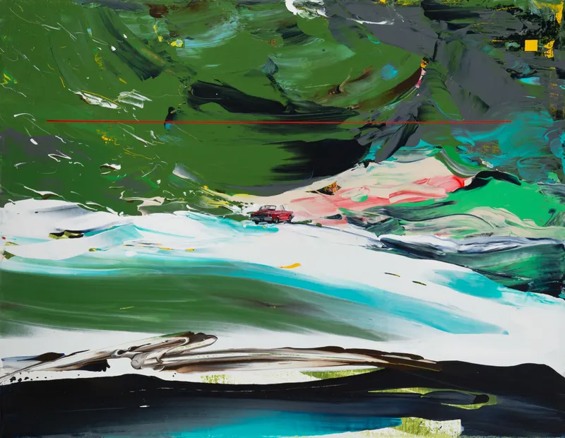강민석 Minseok Kang, Paint Desert #15 (2024) — 스퀴지로 밀어 세운 초록 사막과 작은 자동차, Acrylic on Canvas