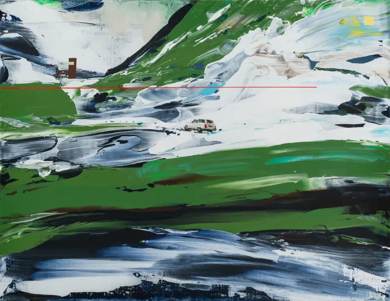 강민석 Minseok Kang, Paint Desert #16 (2024) — 스퀴지로 밀어 세운 초록 사막과 작은 자동차, Acrylic on Canvas