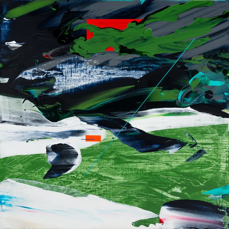 강민석 Minseok Kang, Paint Desert #17 (2024) — 스퀴지로 밀어 세운 초록 사막과 작은 자동차, Acrylic on Canvas