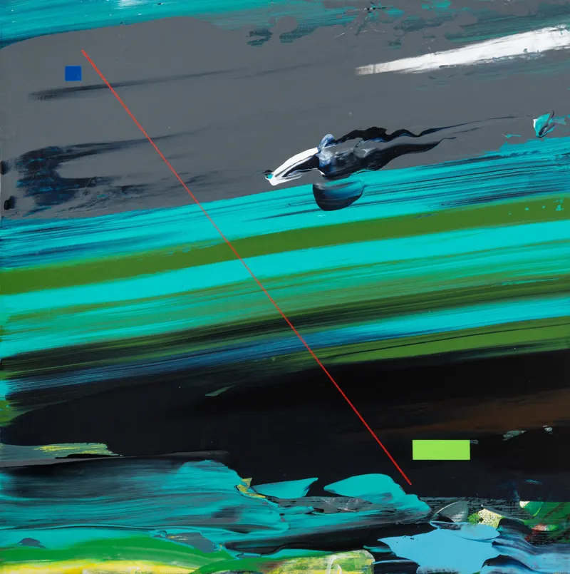 강민석 Minseok Kang, Paint Desert #18 (2024) — 스퀴지로 밀어 세운 초록 사막과 작은 자동차, Acrylic on Canvas