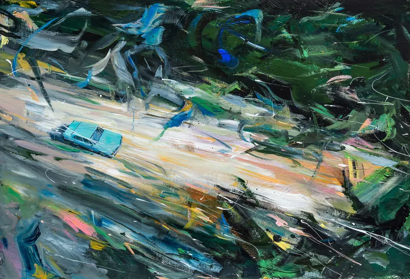 강민석 Minseok Kang, Sway in the Wind IV (2020) — 어두워진 숲과 바람에 요동치는 풀잎 사이의 레이서, Acrylic on Canvas