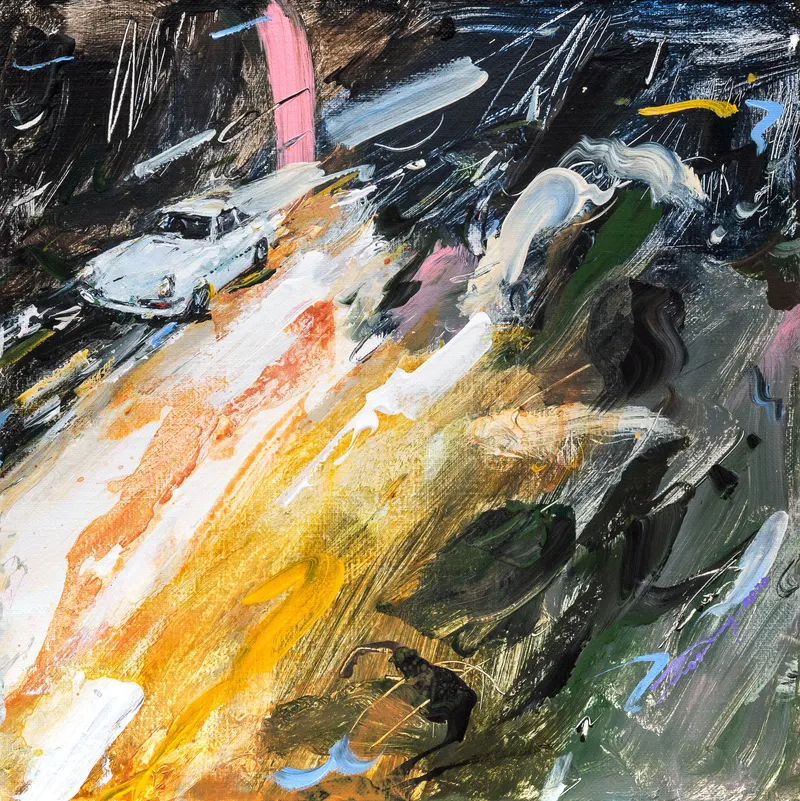 강민석 Minseok Kang, Sway in the Wind VI (2020) — 어두워진 숲과 바람에 요동치는 풀잎 사이의 레이서, Acrylic on Canvas