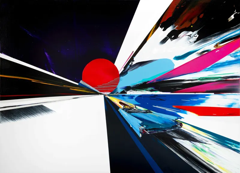 강민석 Minseok Kang, Time Horizon #02 (2024) — 아크릴 층위와 스퀴지로 긁어낸 흔적, 지평선을 향한 자동차, Acrylic on Canvas