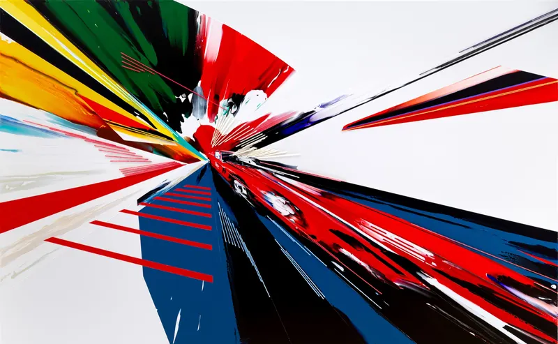 강민석 Minseok Kang, Timeleap II (2022) — 기하학적으로 왜곡된 자동차와 인위적인 직선, Mixed Media Acrylic Thread