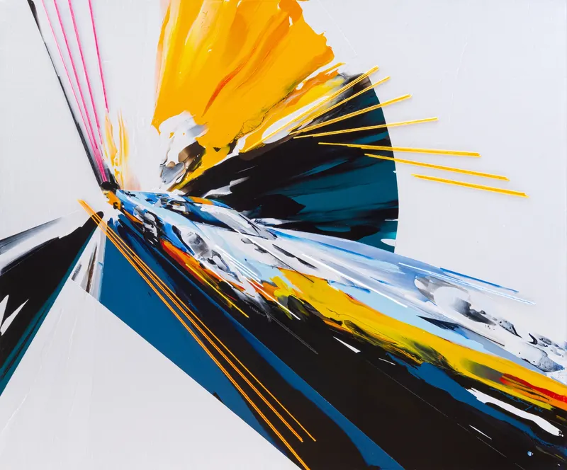강민석 Minseok Kang, Timeleap III (2022) — 기하학적으로 왜곡된 자동차와 인위적인 직선, Mixed Media Acrylic Thread