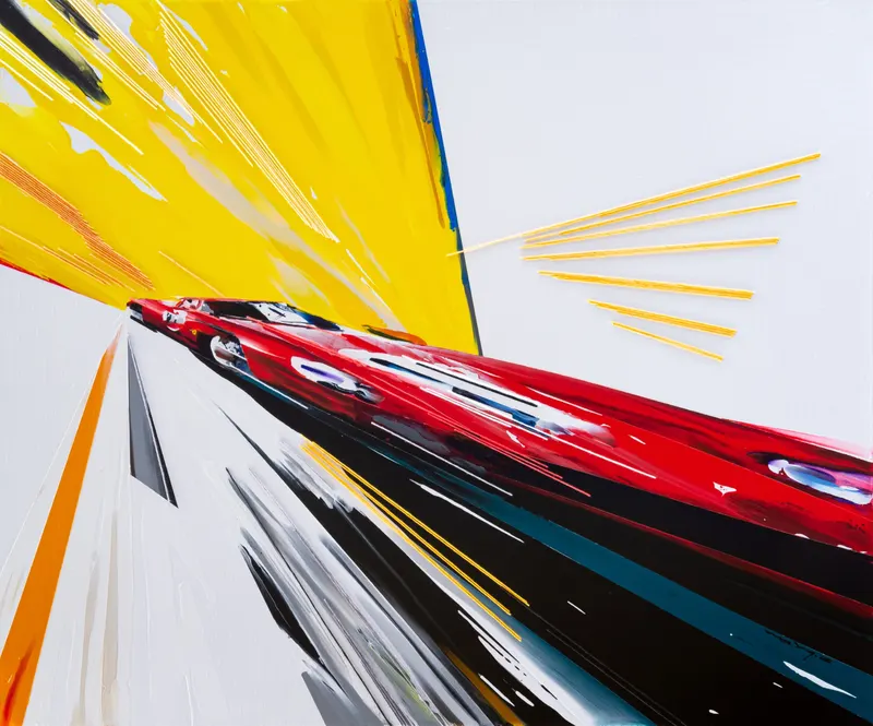 강민석 Minseok Kang, Timeleap IV (2022) — 기하학적으로 왜곡된 자동차와 인위적인 직선, Mixed Media Acrylic Thread