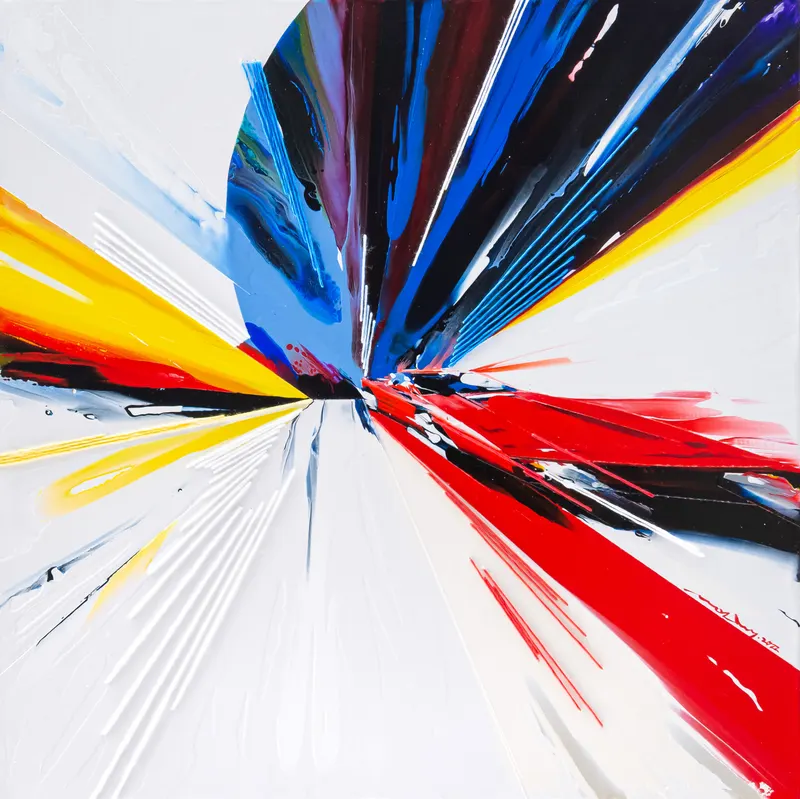 강민석 Minseok Kang, Timeleap IX (2022) — 기하학적으로 왜곡된 자동차와 인위적인 직선, Mixed Media Acrylic Thread