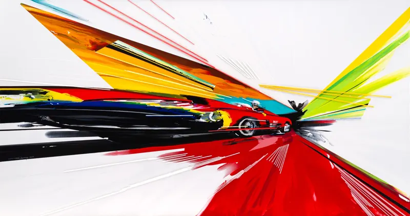 강민석 Minseok Kang, Timeleap VI (2022) — 기하학적으로 왜곡된 자동차와 인위적인 직선, Mixed Media Acrylic Thread