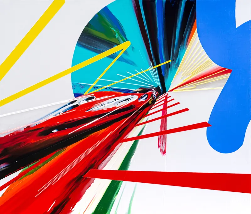 강민석 Minseok Kang, Timeleap VIII (2022) — 기하학적으로 왜곡된 자동차와 인위적인 직선, Mixed Media Acrylic Thread