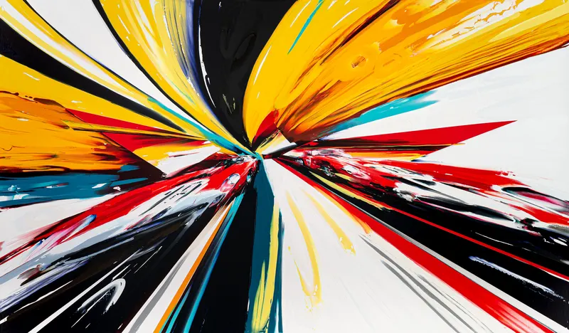 강민석 Minseok Kang, Timeleap X (2023) — 기하학적으로 왜곡된 자동차와 인위적인 직선, Acrylic on Canvas