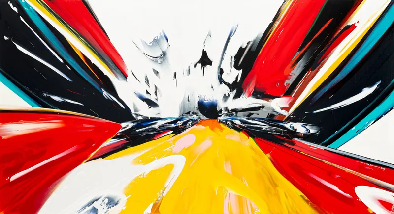 강민석 Minseok Kang, Timeleap XIV (2023) — 기하학적으로 왜곡된 자동차와 인위적인 직선, Acrylic on Canvas