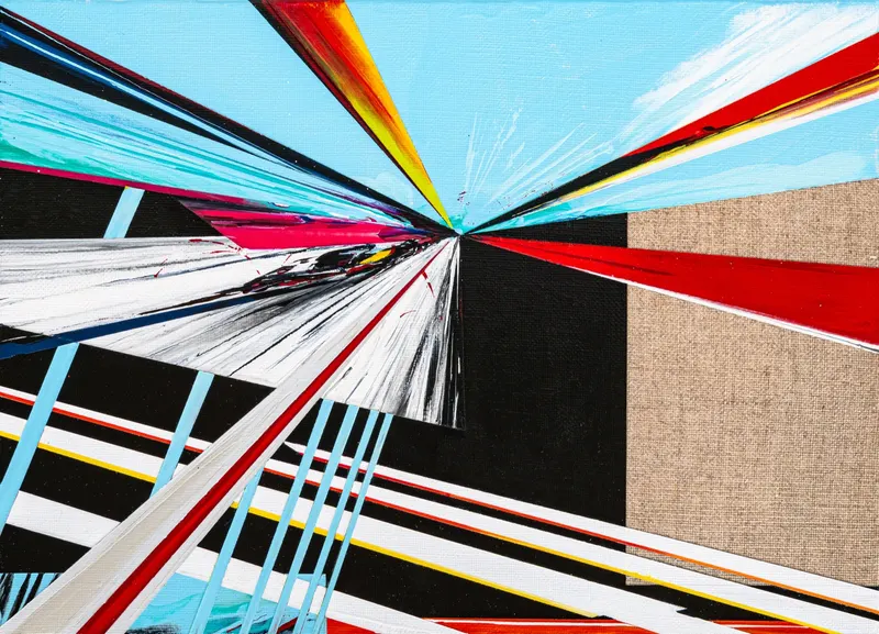 강민석 Minseok Kang, Timeleap XX (2026) — 기하학적으로 왜곡된 자동차와 인위적인 직선, Acrylic on Canvas