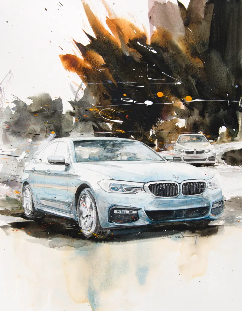 강민석 Minseok Kang, BMW 5 Series — 섬세한 수채 붓질로 구현한 자동차의 형태와 빛, Watercolor on Paper