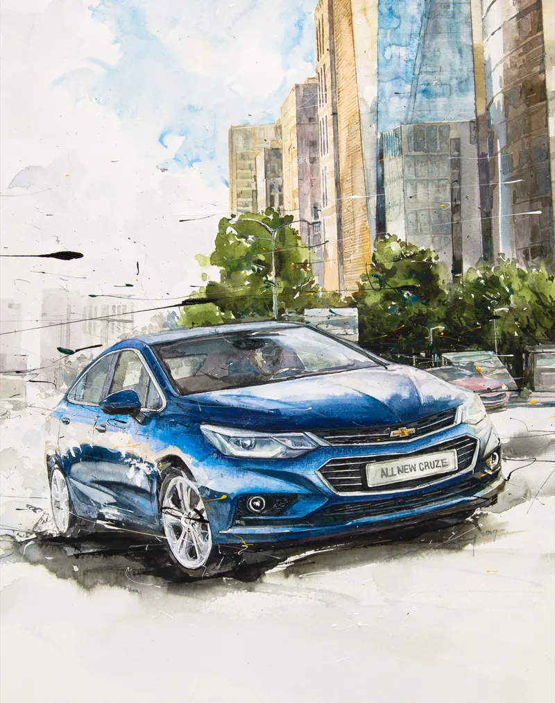 강민석 Minseok Kang, Chevrolet All New Cruze — 섬세한 수채 붓질로 구현한 자동차의 형태와 빛, Watercolor on Paper