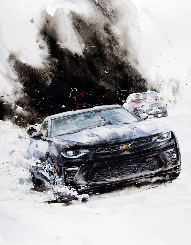 강민석 Minseok Kang, Chevrolet Camaro — 섬세한 수채 붓질로 구현한 자동차의 형태와 빛, Watercolor on Paper
