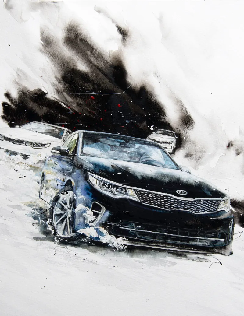 강민석 Minseok Kang, Kia GT — 섬세한 수채 붓질로 구현한 자동차의 형태와 빛, Watercolor on Paper