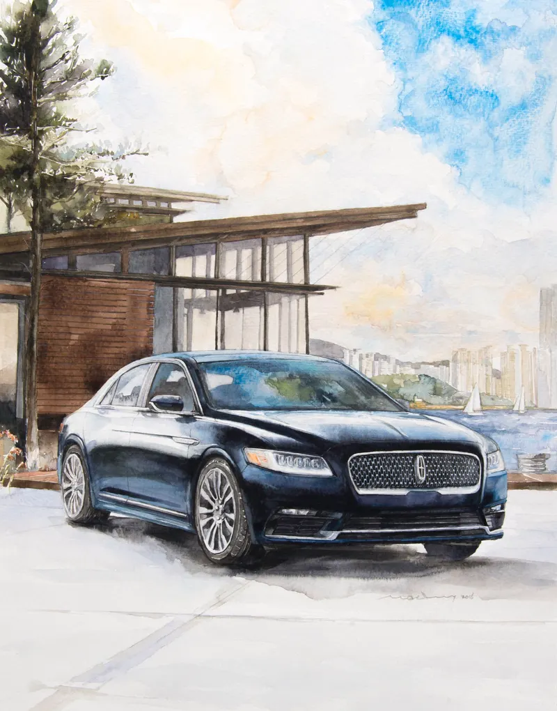 강민석 Minseok Kang, Lincoln Continental — 섬세한 수채 붓질로 구현한 자동차의 형태와 빛, Watercolor on Paper