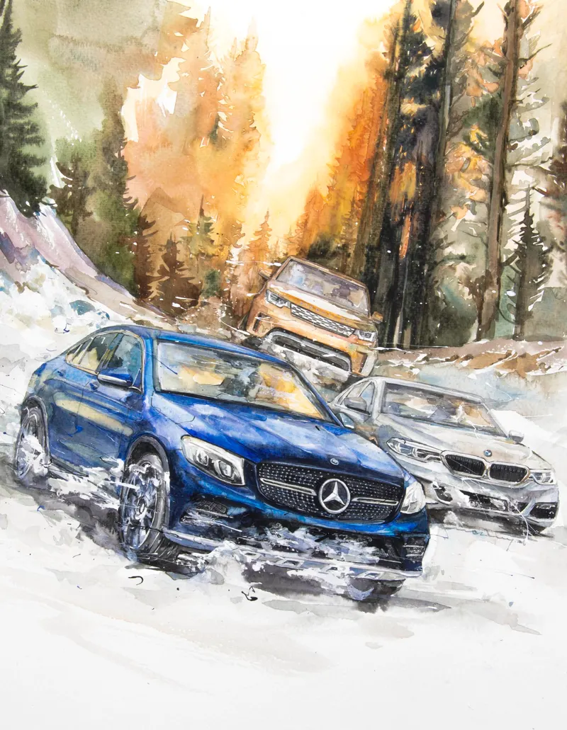 강민석 Minseok Kang, Mercedes-Benz · BMW · Land Rover — 섬세한 수채 붓질로 구현한 자동차의 형태와 빛, Watercolor on Paper