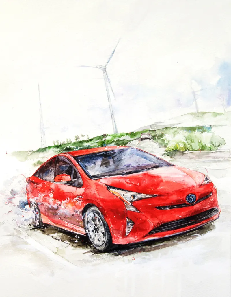 강민석 Minseok Kang, Toyota Prius (4th Gen) — 섬세한 수채 붓질로 구현한 자동차의 형태와 빛, Watercolor on Paper