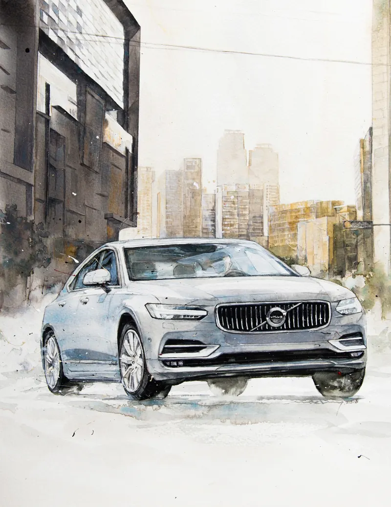 강민석 Minseok Kang, Volvo C90 (2016) — 섬세한 수채 붓질로 구현한 자동차의 형태와 빛, Watercolor on Paper