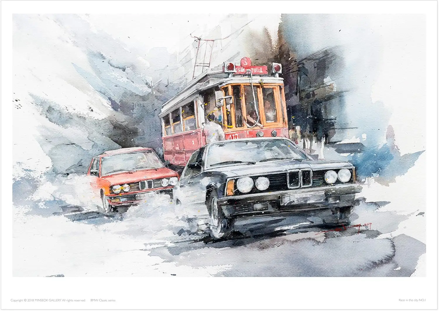 MINSEOK® 아트 포스터 City Driving Black Vintage Old Cars Tram — Minseok Kang art poster A2 A3