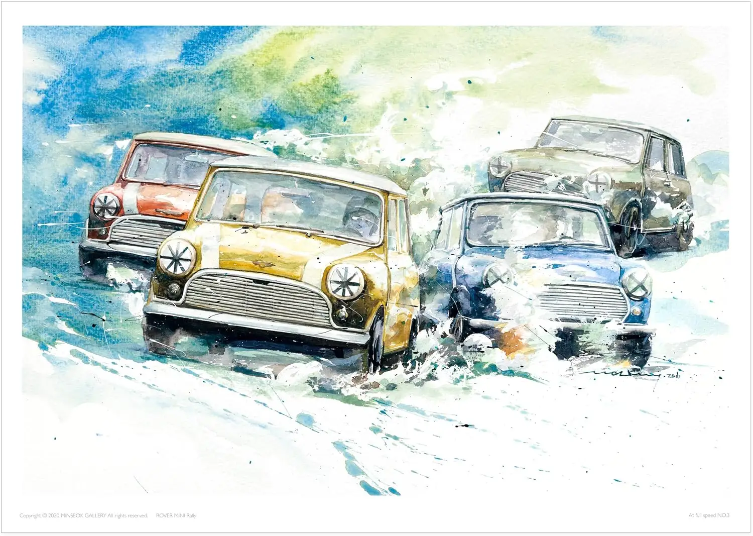 MINSEOK® 아트 포스터 Skyblue Green Scenery Vintage Rally Cars — Minseok Kang art poster A2 A3