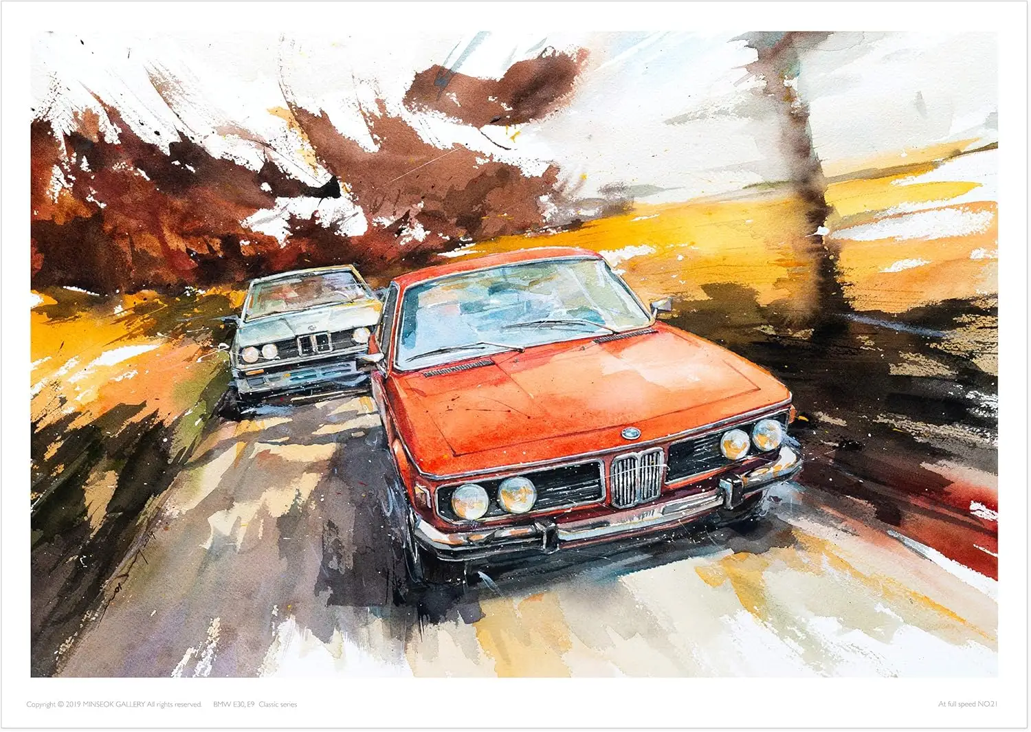 MINSEOK® 아트 포스터 Yellow Scenery Orange Vintage Old Cars — Minseok Kang art poster A2 A3